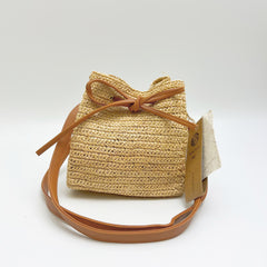 Mini Raffia Bucket Bag with Leather Trim, Handmade Hollow Woven Crossbody Bag for Women, Small Straw Shoulder Bag, Summer Vacation Bag, Gift for Her