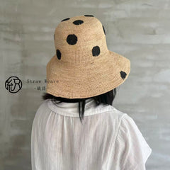 Handwoven Raffia Polka Dot Bucket Hat, Eco Friendly Crochet Straw Hat, Foldable Wide Brim Sun Hat, Beach Summer Vacation Hat for Women