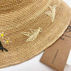 Handwoven Raffia Bird Straw Hat, Eco Friendly Bucket Hat, Minimalist Sun Hat, Beach Summer Vacation Hat for Women