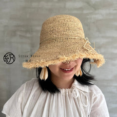 Handwoven Raffia Fringe Sun Hat, Wide Brim Straw Hat for Women, Beach Hat, Summer Hat, Packable Vacation Hat, Gift for Her