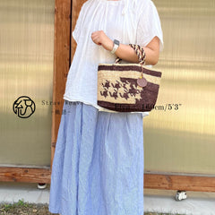 French Vintage Raffia Tote Bag, Handwoven Straw Shoulder Handbag, Boho Mori Style Beach Bag, Japanese Woven Summer Purse for Women