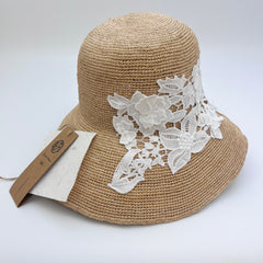 Handwoven Raffia Lace Straw Hat, Eco Friendly Crochet Sun Hat, Wide Brim Foldable Beach Hat, Embroidered Summer Vacation Hat for Women