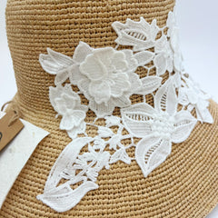 Handwoven Raffia Lace Straw Hat, Eco Friendly Crochet Sun Hat, Wide Brim Foldable Beach Hat, Embroidered Summer Vacation Hat for Women