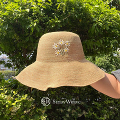 Raffia Daisy Straw, Handwoven Wide Brim Sun, Boho Summer Vacation Womens Hat