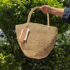 Handwoven Raffia Tote Bag, Natural Straw Beach Summer Vacation Shoulder Bag