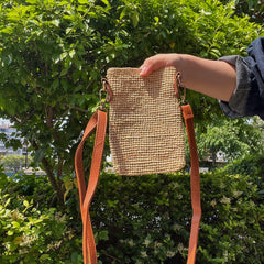 Raffia Phone Crossbody Bag, Handwoven Straw Small Shoulder Bag, Leather Strap Phone Handbag, Minimalist Summer Bag, Gift for Her