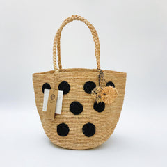 Handwoven Raffia Polka Dot Tote Bag, Chic Boho Beach Vacation Shoulder Bag