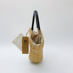 Small Handwoven Wheat Straw Handbag, Wooden Handle, Boho Summer Beach Tote Bag