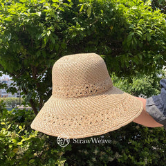 Raffia Hollow Bucket Hat, Eco Friendly Handwoven Straw Hat, Wide Brim Sun Hat, Beach Summer Vacation Hat for Women