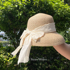 Raffia Lace Ribbon Bucket Hat, Eco Friendly Handwoven Straw Hat, Wide Brim Sun Hat, Beach Summer Vacation Hat for Women