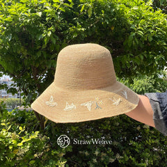 Handwoven Raffia Bird Straw Hat, Eco Friendly Bucket Hat, Minimalist Sun Hat, Beach Summer Vacation Hat for Women