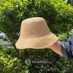 Handwoven Raffia Polka Dot Sun Hat, Wide Brim Boho Beach Vacation Hat