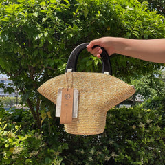 Small Handwoven Wheat Straw Handbag, Wooden Handle, Boho Summer Beach Tote Bag