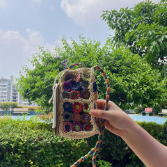 Raffia Floral Phone Crossbody Bag, Handwoven Straw Small Bag, Color Flower Shoulder Handbag, Summer Beach Mini Bag, Gift for Her