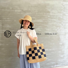 Handwoven Checkerboard Raffia Tote Bag, Natural Straw Boho Shoulder Bag