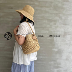 Handwoven Raffia Flower Crochet Bucket Bag, Boho Summer Beach Purse