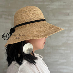 Raffia Bucket Hat with Bow Ribbon, Eco Friendly Handwoven Straw Hat, French Style Sun Hat, Beach Summer Vacation Hat for Women