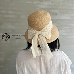 Raffia Lace Ribbon Bucket Hat, Eco Friendly Handwoven Straw Hat, Wide Brim Sun Hat, Beach Summer Vacation Hat for Women