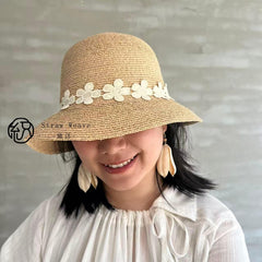 Raffia Flower Straw Hat, Eco Friendly Handwoven Bucket Hat, Minimalist Floral Sun Hat, UV Protection Beach Summer Vacation Hat for Women