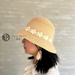 Raffia Flower Straw Hat, Eco Friendly Handwoven Bucket Hat, Minimalist Floral Sun Hat, UV Protection Beach Summer Vacation Hat for Women