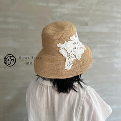 Handwoven Raffia Lace Straw Hat, Eco Friendly Crochet Sun Hat, Wide Brim Foldable Beach Hat, Embroidered Summer Vacation Hat for Women
