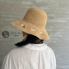 Handwoven Raffia Bird Straw Hat, Eco Friendly Bucket Hat, Minimalist Sun Hat, Beach Summer Vacation Hat for Women