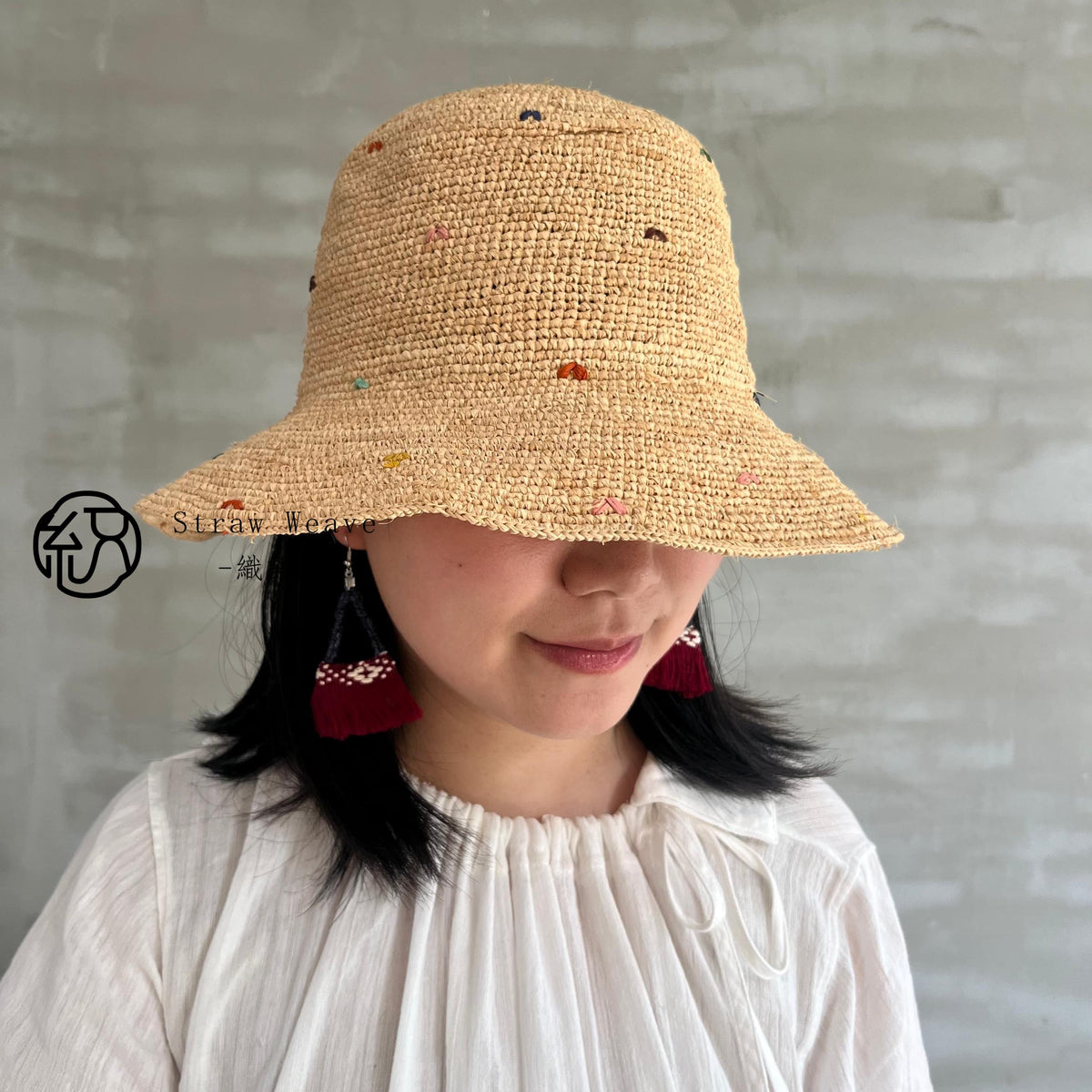 Handwoven Raffia Polka Dot Sun Hat, Wide Brim Boho Beach Vacation Hat