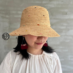 Handwoven Raffia Polka Dot Sun Hat, Wide Brim Boho Beach Vacation Hat