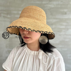 Handwoven Raffia Straw Hat, Color Block Wide Brim Sun Hat, Boho Vacation Style