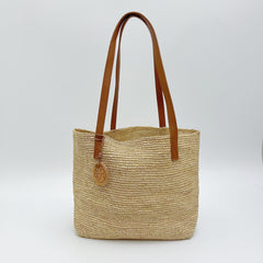 Raffia Tote Bag with Leather Straps, Handwoven Straw Shoulder Handbag, Large Minimalist Beach Vacation Bag for Women, Gift for Her