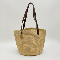 Large Raffia Tote Bag with Leather Straps, Handwoven Straw Shoulder Bag, Commuter Beach Vacation Handbag, Summer Woven Purse for Women