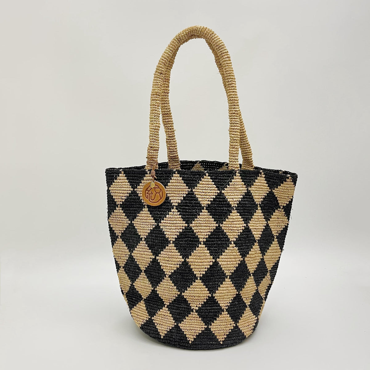 Raffia Checkered Bucket Bag, Handwoven Crochet Shoulder Bag, Diamond Pattern Large Woven Handbag, Summer Beach Vacation Tote, Gift for Her