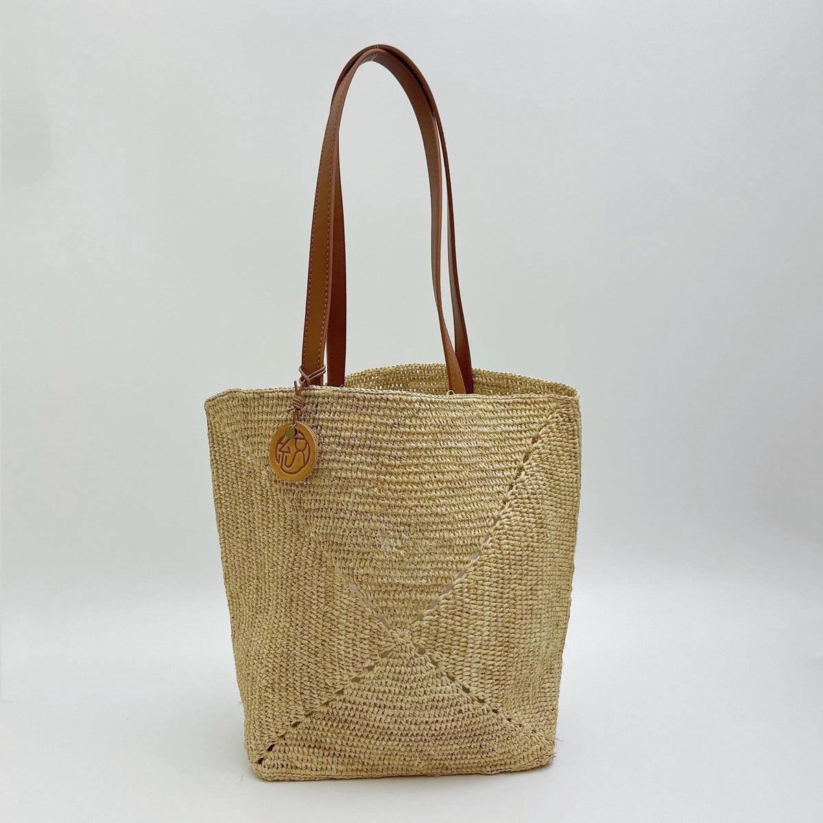 Raffia Tote Bag with Leather Strap, Handwoven Crochet Straw Shoulder Handbag, Beach Vacation Summer Woven Purse for Women, Gift for Her