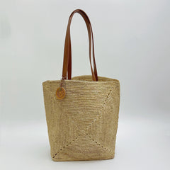 Raffia Tote Bag with Leather Strap, Handwoven Crochet Straw Shoulder Handbag, Beach Vacation Summer Woven Purse for Women, Gift for Her