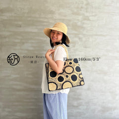 Raffia Polka Dot Woven Bag, Handwoven Straw Shoulder Handbag, Color Block Boho Tote Bag, Ethnic Style Summer Bag, Gift for Her