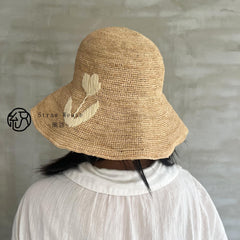 Handwoven Raffia Tulip Straw Hat, Eco Friendly Bucket Hat, Minimalist Floral Sun Hat, Beach Summer Vacation Hat for Women