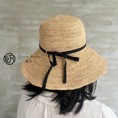 Raffia Bucket Hat with Bow Ribbon, Eco Friendly Handwoven Straw Hat, French Style Sun Hat, Beach Summer Vacation Hat for Women