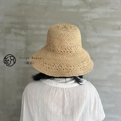 Raffia Hollow Bucket Hat, Eco Friendly Handwoven Straw Hat, Wide Brim Sun Hat, Beach Summer Vacation Hat for Women