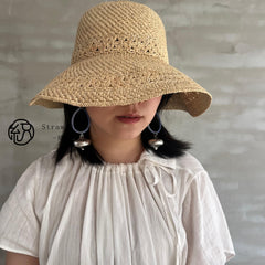 Raffia Hollow Bucket Hat, Eco Friendly Handwoven Straw Hat, Wide Brim Sun Hat, Beach Summer Vacation Hat for Women