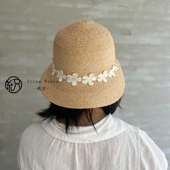 Raffia Flower Straw Hat, Eco Friendly Handwoven Bucket Hat, Minimalist Floral Sun Hat, UV Protection Beach Summer Vacation Hat for Women