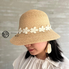 Raffia Flower Straw Hat, Eco Friendly Handwoven Bucket Hat, Minimalist Floral Sun Hat, UV Protection Beach Summer Vacation Hat for Women