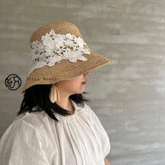 Handwoven Raffia Lace Straw Hat, Eco Friendly Crochet Sun Hat, Wide Brim Foldable Beach Hat, Embroidered Summer Vacation Hat for Women