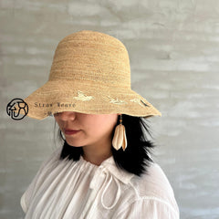 Handwoven Raffia Bird Straw Hat, Eco Friendly Bucket Hat, Minimalist Sun Hat, Beach Summer Vacation Hat for Women
