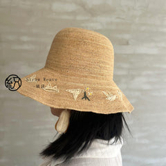 Handwoven Raffia Bird Straw Hat, Eco Friendly Bucket Hat, Minimalist Sun Hat, Beach Summer Vacation Hat for Women