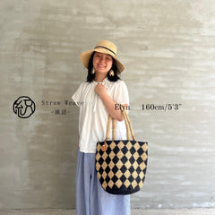 Raffia Checkered Bucket Bag, Handwoven Crochet Shoulder Bag, Diamond Pattern Large Woven Handbag, Summer Beach Vacation Tote, Gift for Her