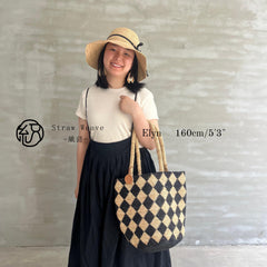 Raffia Checkered Bucket Bag, Handwoven Crochet Shoulder Bag, Diamond Pattern Large Woven Handbag, Summer Beach Vacation Tote, Gift for Her